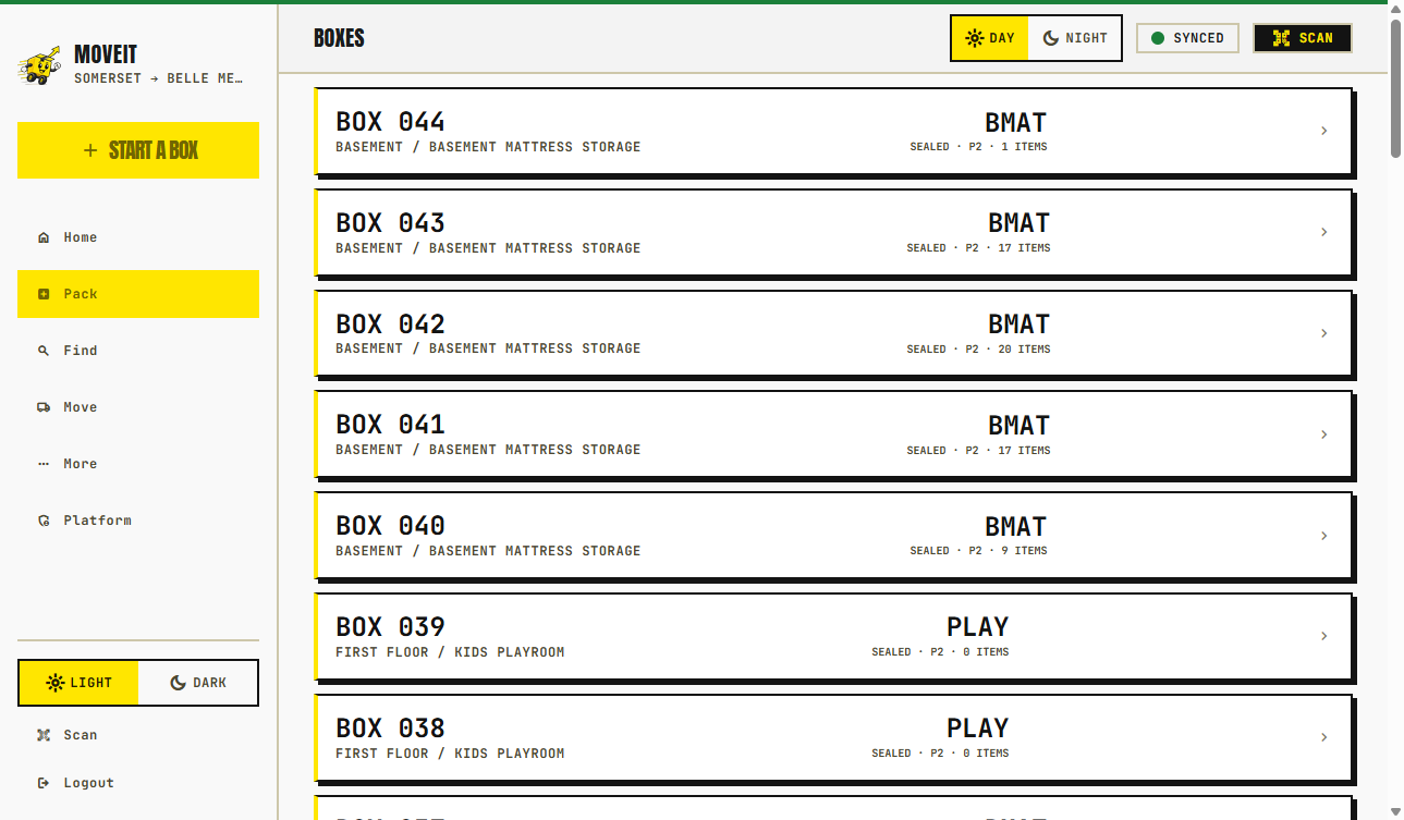 MoveIt box inventory list showing room codes, item counts, and box status